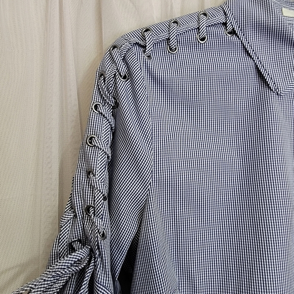 Jonathan Simkhai Button-Front Gingham Poplin Shirt With Lace-Up Trim - Picture 6 of 10
